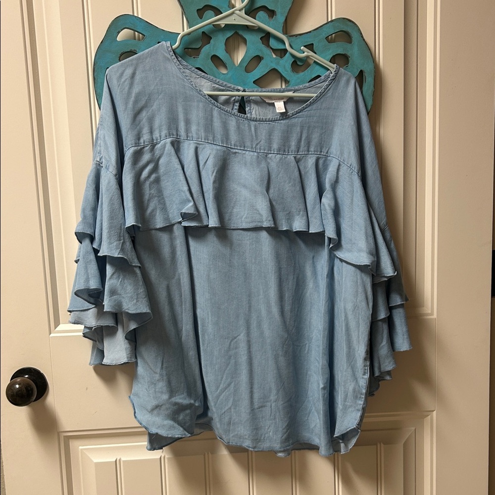 LC Lauren Conrad Dusty Blue Ruffle Sleeve Blouse